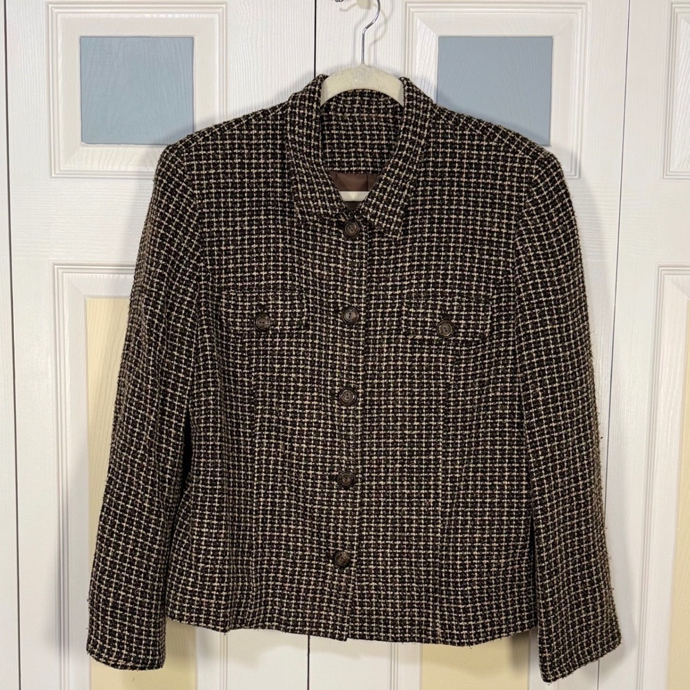 Womens Brown Grid Tweed Button Front Collared Jacket RN 54050 Size XL L